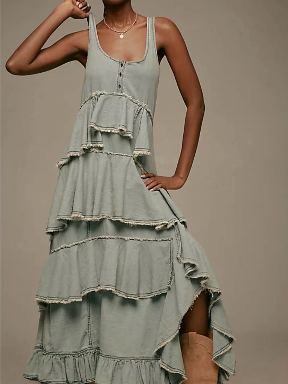Pilcro Soft Denim Tiered Ruffle High-Low Maxi Dress
